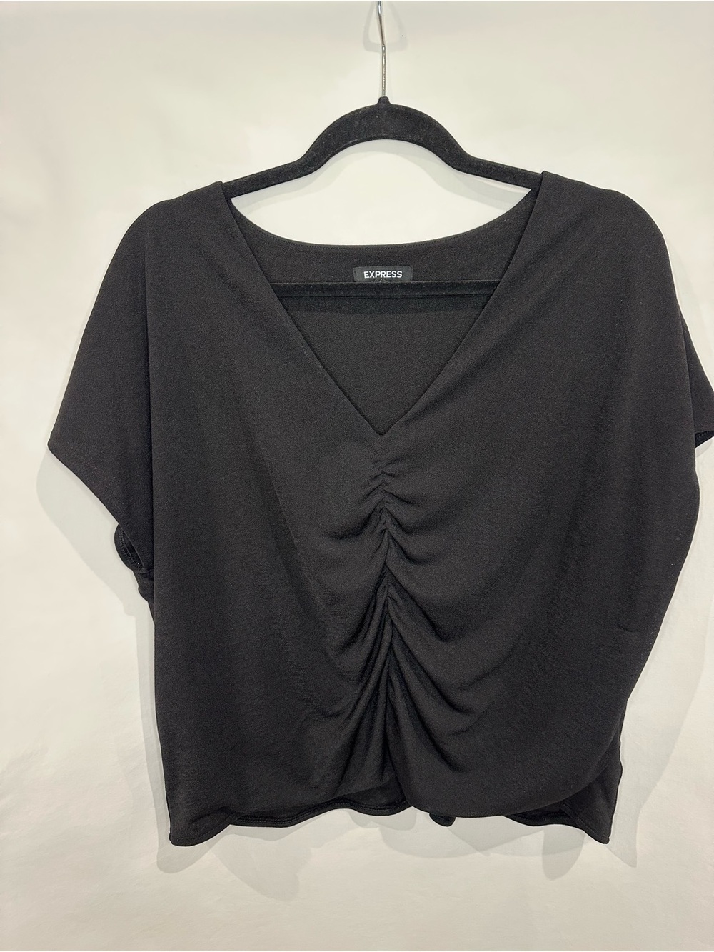 Express Black Ruched V-Neck Draped Top